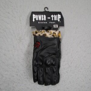 Power Trip Black Widow Leather Motorcycle Gloves Leopard Faux Fur Trim 646-0005